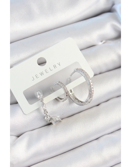 MuI MuI Pirinç Zirkon Taşlı Sallantılı Model Gümüş Renk 3lü Çift Kadın Küpe Set