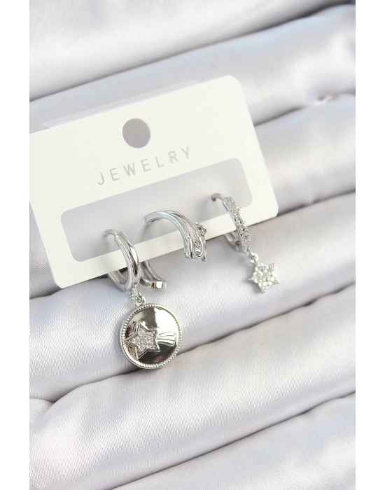MuI MuI Pirinç Zirkon Taşlı Sallantılı Yıldız Model Gümüş Renk 3lü Çift Kadın Küpe Set