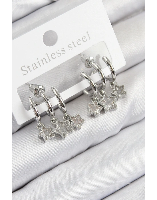 MuI MuI Pirinç Zirkon Taşlı Sallantılı Yıldız Model Gümüş Renk Kadın Küpe