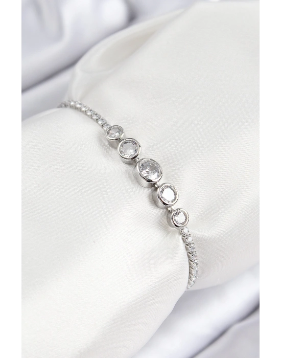 MuI MuI Pirinç Zirkon Taşlı Sıralı Daire Model Gümüş Renk Asansörlü Kadın Bileklik