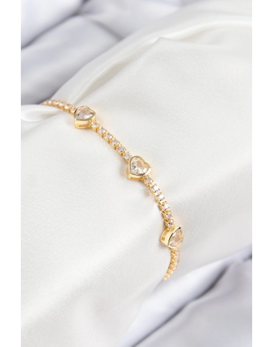 MuI MuI Pirinç Zirkon Taşlı Sıralı Kalp Model Gold Renk Kadın Bileklik