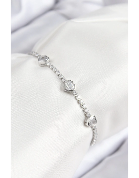 MuI MuI Pirinç Zirkon Taşlı Sıralı Kalp Model Gümüş Renk Asansörlü Kadın Bileklik