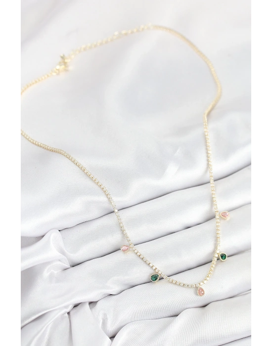 MuI MuI Pirinç Zirkon Taşlı Su Yolu Damla Model Gold Renk Kadın Kolye