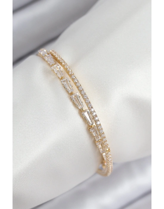 MuI MuI Pirinç Zirkon Taşlı Su Yolu Model Gold Renk Kadın Bileklik