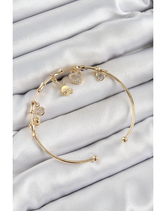 MuI MuI Pirinç Zirkon Taşlı Tavşan Ve Kalp Model Gold Renk Charm Bileklik