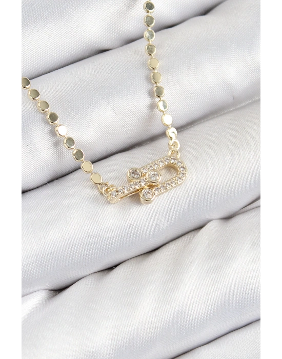 MuI MuI Pirinç Zirkon Taşlı Tifany Model Ezme Zincir Gold Renk Kadın Kolye