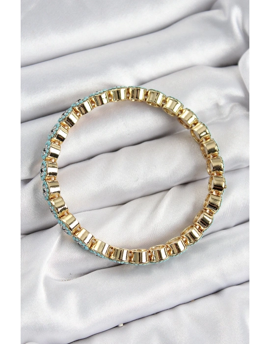 MuI MuI Pirinç Zirkon Taşlı Turkuaz Nazar Model Gold Renk Lastikli Kadın Bileklik