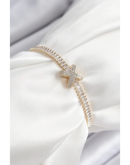 MuI MuI Pirinç Zirkon Taşlı X Detaylı Su Yolu Model Gold Renk Asansörlü Kadın Bileklik