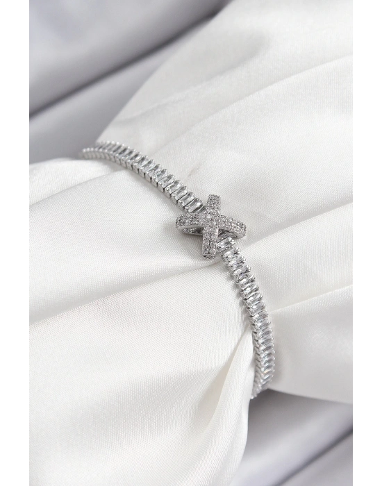 MuI MuI Pirinç Zirkon Taşlı X Detaylı Su Yolu Model Gümüş Renk Asansörlü Kadın Bileklik