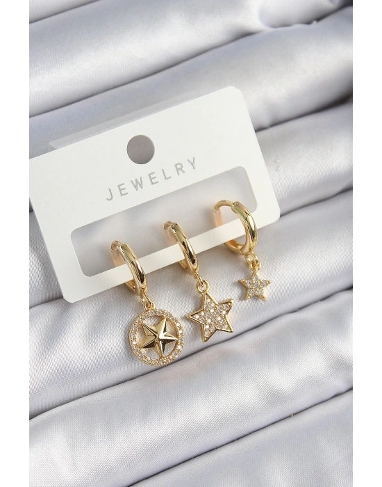 MuI MuI Pirinç Zirkon Taşlı Yıldız Model Gold Renk 3lü Çift Kadın Küpe Set