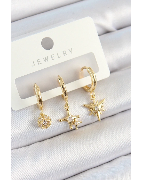 MuI MuI Pirinç Zirkon Taşlı Yıldız Model Gold Renk 3lü Çift Kadın Küpe Set