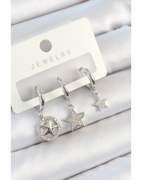 MuI MuI Pirinç Zirkon Taşlı Yıldız Model Gümüş Renk 3lü Çift Kadın Küpe Set