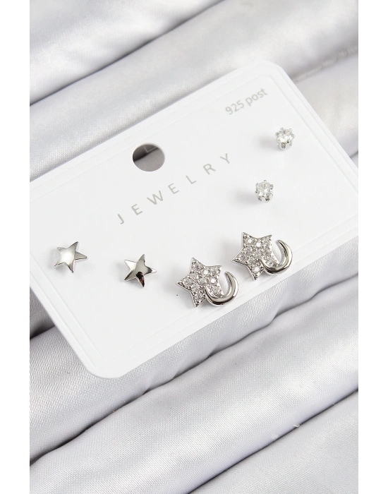 MuI MuI Pirinç Zirkon Taşlı Yıldız Model Gümüş Renk 925 Ayar Gümüş Çivi Kadın Küpe Set