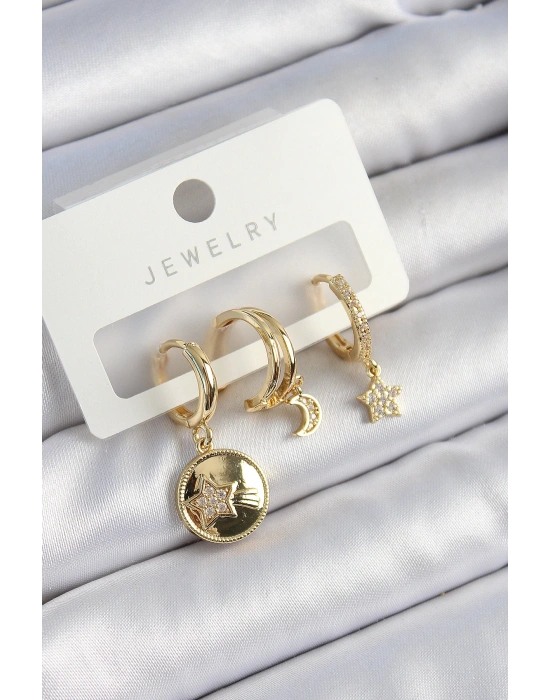 MuI MuI Pirinç Zirkon Taşlı Yıldız Ve Ay Model Gold Renk 3lü Çift Kadın Küpe Set