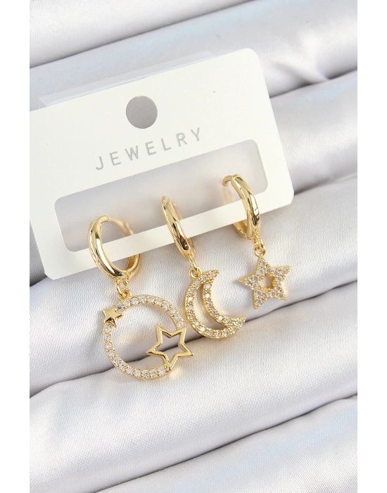 MuI MuI Pirinç Zirkon Taşlı Yıldız Ve Ay Model Gold Renk 3lü Kadın Küpe Set