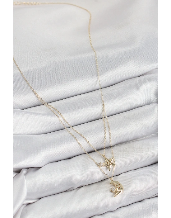 MuI MuI Pirinç Zirkon Taşlı Yıldız Ve Ay Model Gold Renk Kadın Kolye