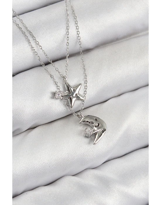 MuI MuI Pirinç Zirkon Taşlı Yıldız Ve Ay Model Gümüş Renk Kadın Kolye