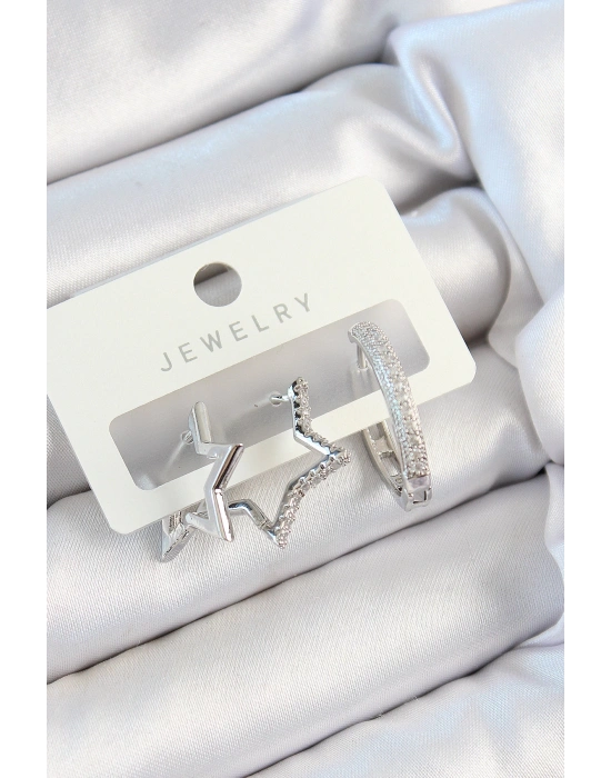 MuI MuI Pirinç Zirkon Taşlı Yıldız Ve Halka Model Gümüş Renk 3lü Çift Kadın Küpe Set