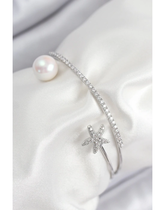 MuI MuI Pirinç Zirkon Taşlı Yıldız Ve İnci Model Gümüş Renk Kadın Bileklik