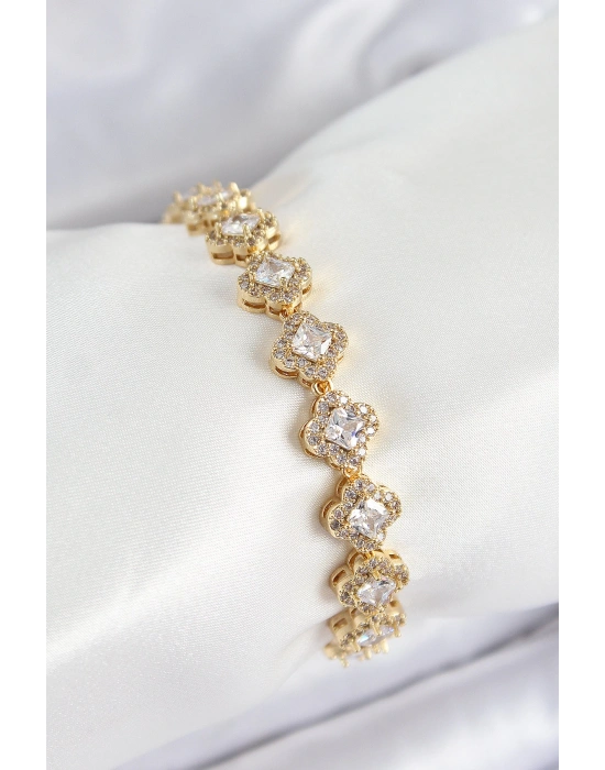 MuI MuI Pirinç Zirkon Taşlı Yonca Baget Model Gold Renk VIP Seri Kadın Bileklik
