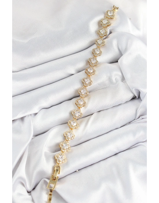 MuI MuI Pirinç Zirkon Taşlı Yonca Baget Model Gold Renk VIP Seri Kadın Bileklik