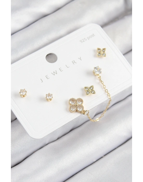 MuI MuI Pirinç Zirkon Taşlı Yonca Model Gold Renk 925 Ayar Gümüş Çivi Kadın Küpe Set