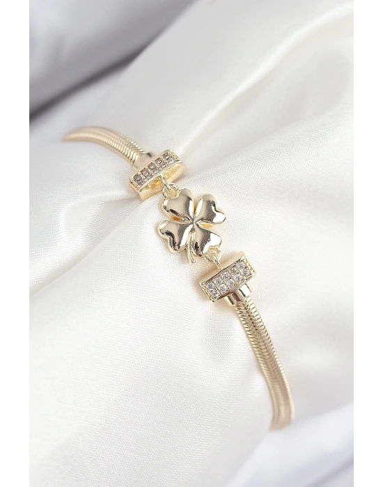 MuI MuI Pirinç Zirkon Taşlı Yonca Model Gold Renk Kadın Bileklik