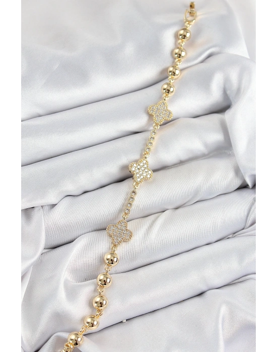 MuI MuI Pirinç Zirkon Taşlı Yonca Model Gold Renk Kadın Bileklik