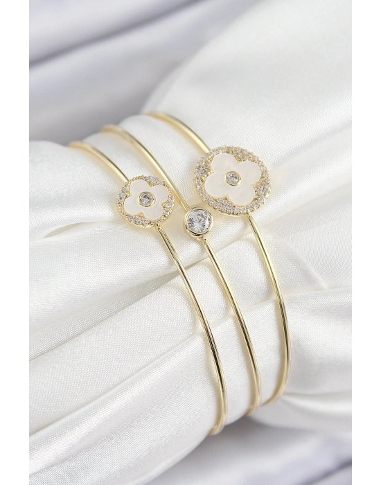 MuI MuI Pirinç Zirkon Taşlı Yonca Model Gold Renk Vip 3lü Kadın Bileklik