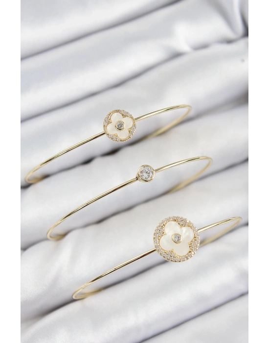 MuI MuI Pirinç Zirkon Taşlı Yonca Model Gold Renk Vip 3lü Kadın Bileklik