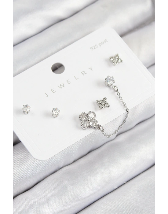 MuI MuI Pirinç Zirkon Taşlı Yonca Model Gümüş Renk 925 Ayar Gümüş Çivi Kadın Küpe Set