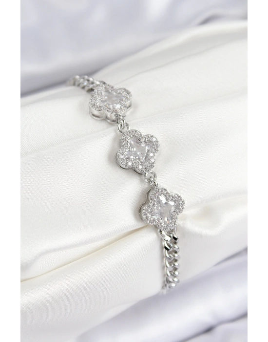 MuI MuI Pirinç Zirkon Taşlı Yonca Model Gümüş Renk Kadın Bileklik