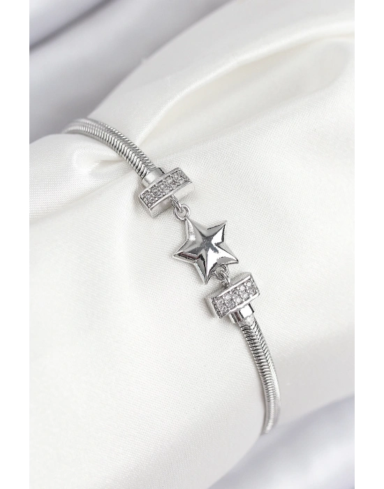 MuI MuI Pirinç Zirkon Taşlı Yonca Model Gümüş Renk Kadın Bileklik