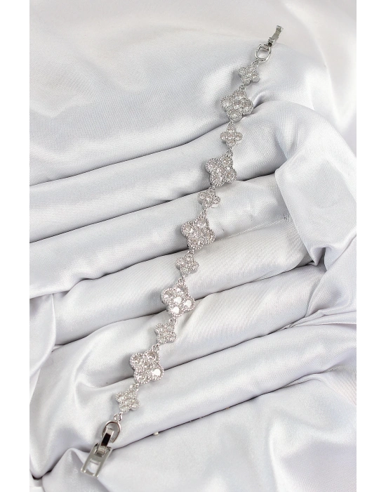 MuI MuI Pirinç Zirkon Taşlı Yonca Model Gümüş Renk VIP Seri Kadın Bileklik