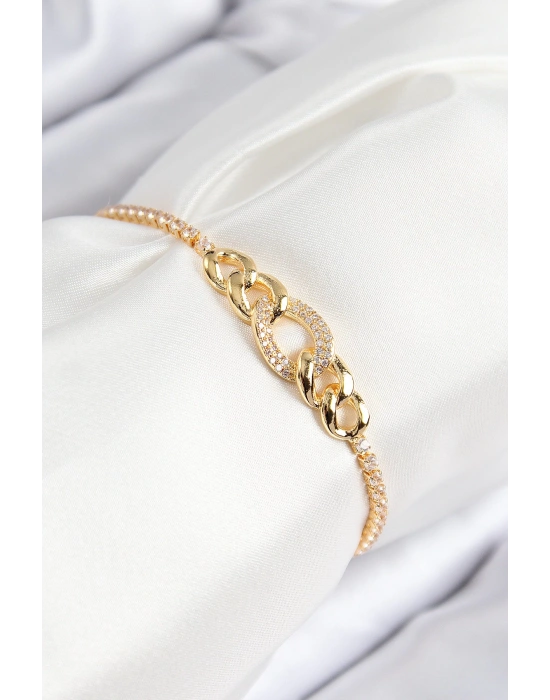 MuI MuI Pirinç Zirkon Taşlı Zincir Model Gold Renk Asansörlü Kadın Bileklik