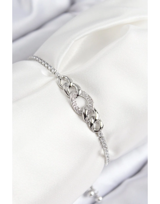 MuI MuI Pirinç Zirkon Taşlı Zincir Model Gümüş Renk Asansörlü Kadın Bileklik