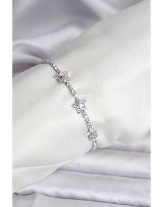 MuI MuI Renkli Yıldız Model Zirkon Taşlı Gümüş Renk Pirinç Su Yolu Kadın Bileklik