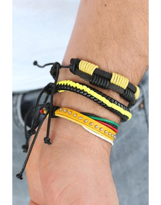 MuI MuI Sarı Renk Zımbalı Deri Erkek Bileklik Kombini