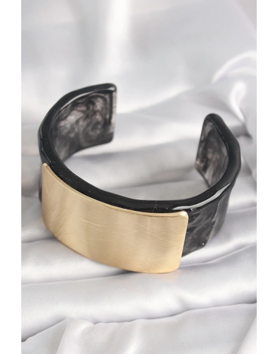 MuI MuI Siyah Mermer Desen Akrilik Plastik Gol Dikdörtgen Plaka Model Vingtage Kadın Bilezik