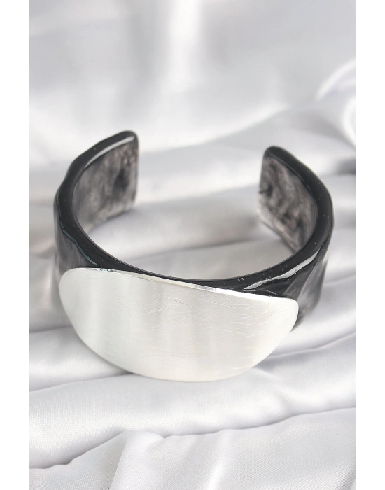 MuI MuI Siyah Mermer Desen Akrilik Plastik Gümüş Oval Plaka Model Vintage Kadın Bilezik