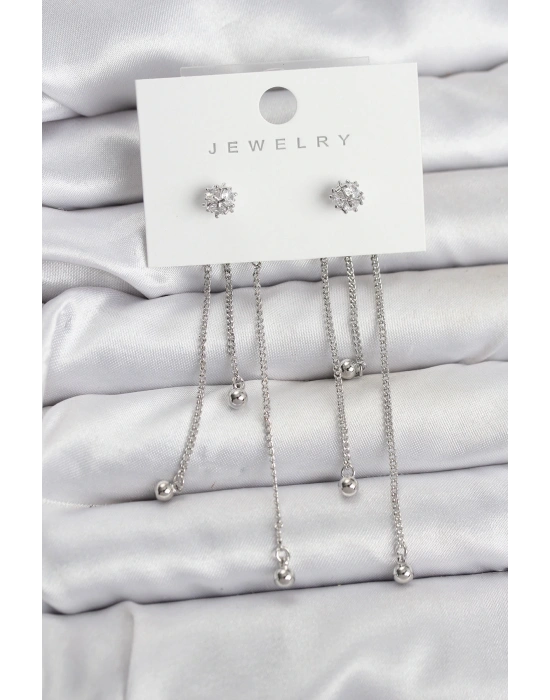 MuI MuI Topçuk Model Gümüş Renk Pirinç Sallantılı Kadın Küpe Seti