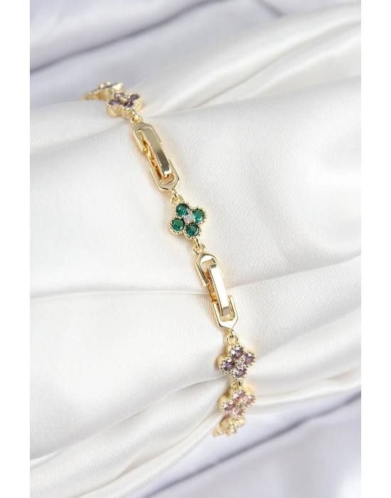 MuI MuI VIP Pirinç Renkli Zirkon Taşlı Yonca Model Gold Renk Kadın Bileklik