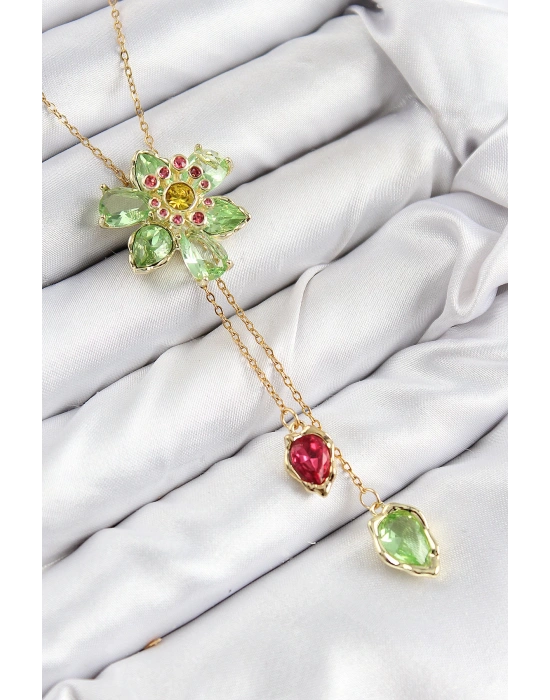 MuI MuI VIP Pirinç Zirkon Taşlı Çiçek Model Gold Renk Asansörlü Kadın Kolye