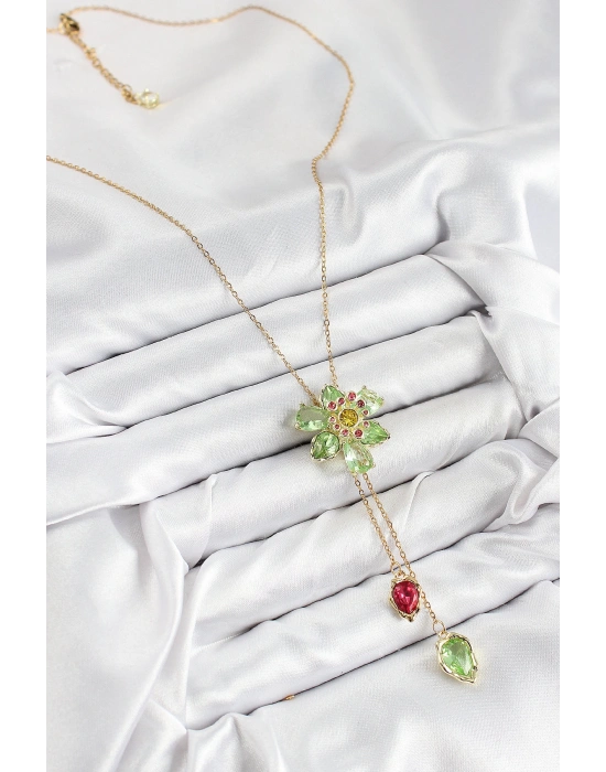 MuI MuI VIP Pirinç Zirkon Taşlı Çiçek Model Gold Renk Asansörlü Kadın Kolye