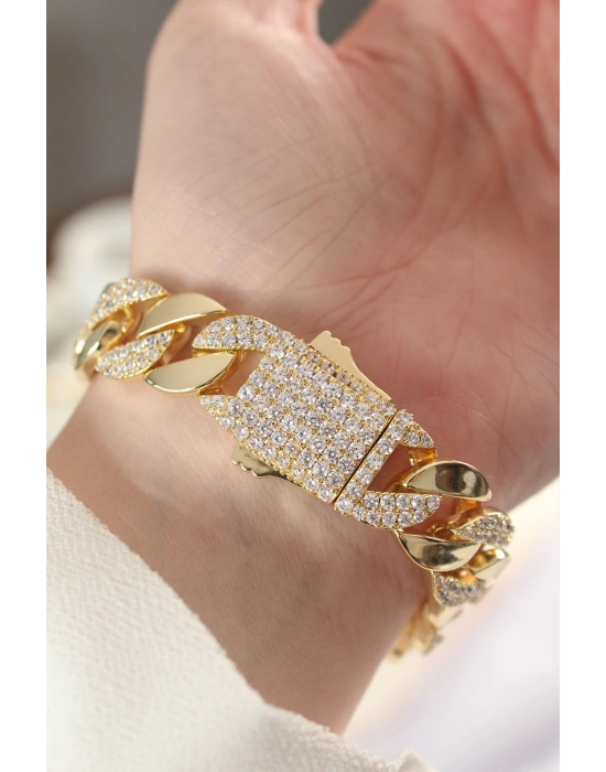 MuI MuI Vip Seri Pirinç Zirkon Taşlı Gold Renk Gurmet Bileklik