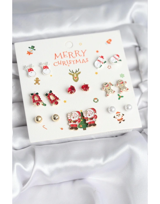 MuI MuI Yılbaşı Temalı Karışık Model 8 Çift Yılbaşı Temalı Kadın Küpe Seti