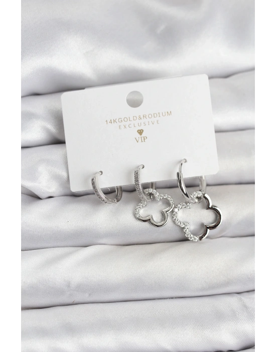 MuI MuI Yonca Model Gümüş Renk Pirinç 3lü Kadın Küpe Seti