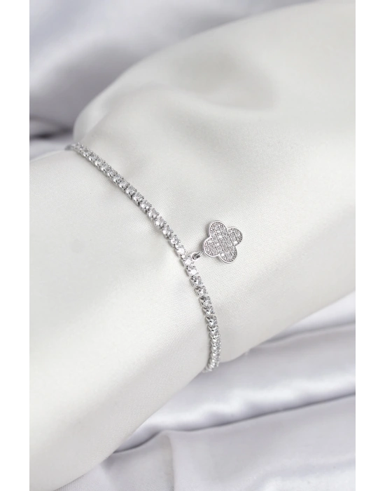 MuI MuI Yonca Model Zirkon Taşlı Gümüş Renk Asansörlü Su Yolu Bileklik