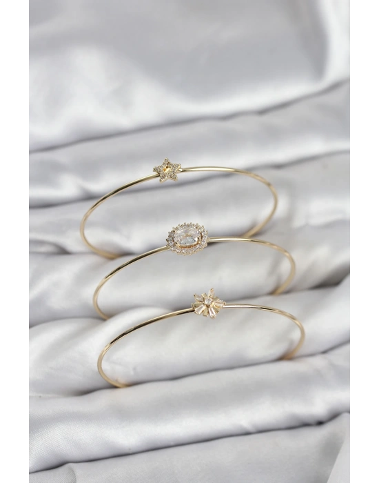 MuI MuI Zirkon Taşlı Gold Renk Tek Taş Model 3lü Kadın Bileklik Kombini