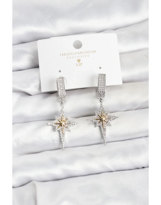 MuI MuI Zirkon Taşlı Gümüş Renk Pirinç Kutup Yıldızı Model Kadın Küpe